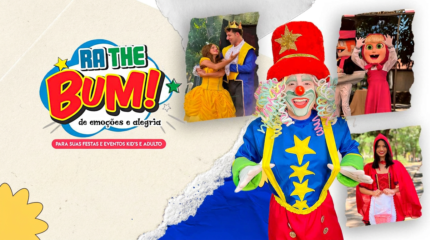 Personagens e artistas da Rathebum animando uma festa infantil